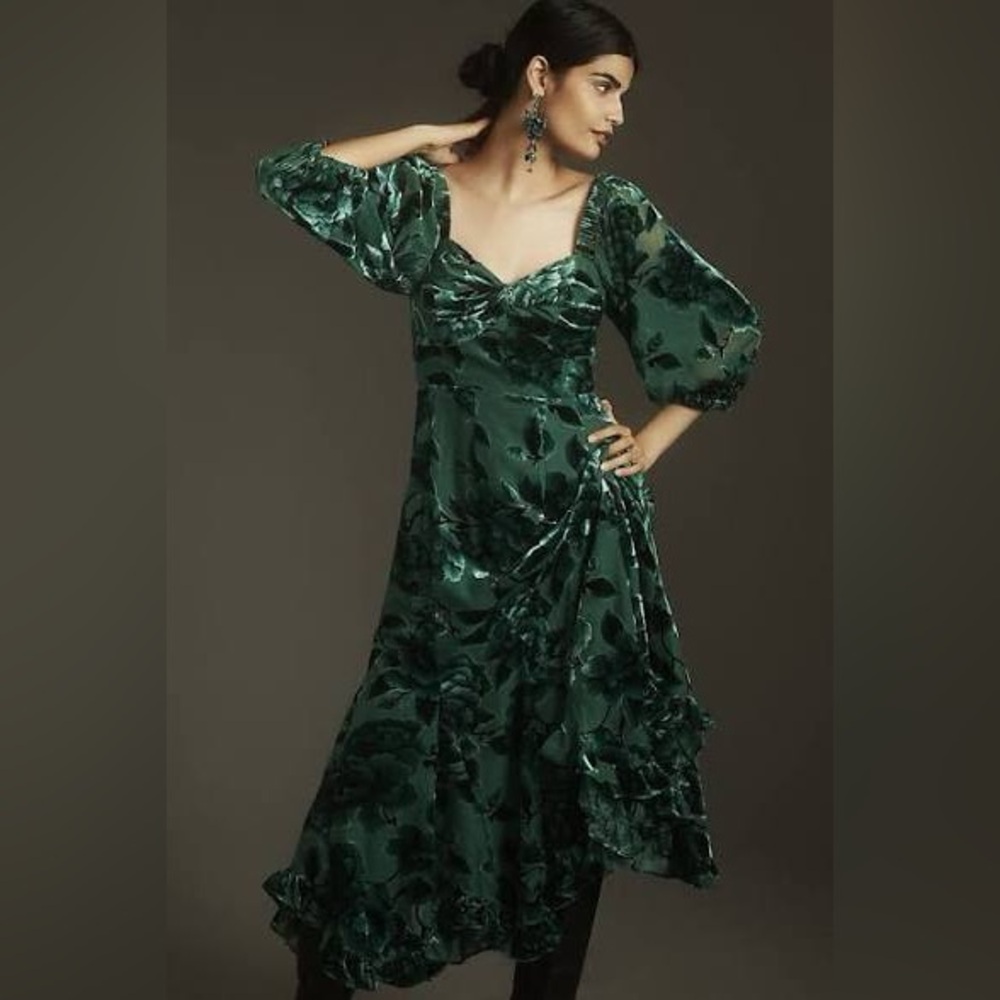 Hutch Twist-front Puff Long Sleeve Dress - dark green petite